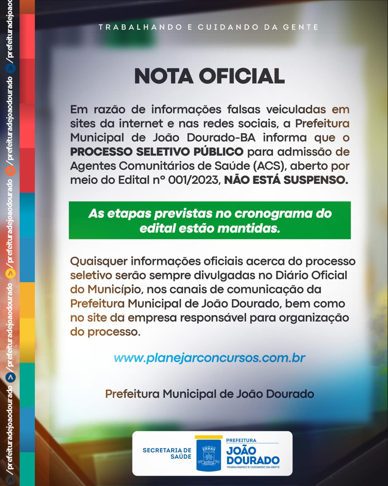 NOTA OFICIAL DA PREFEITURA DE JOÃO DOURADO
