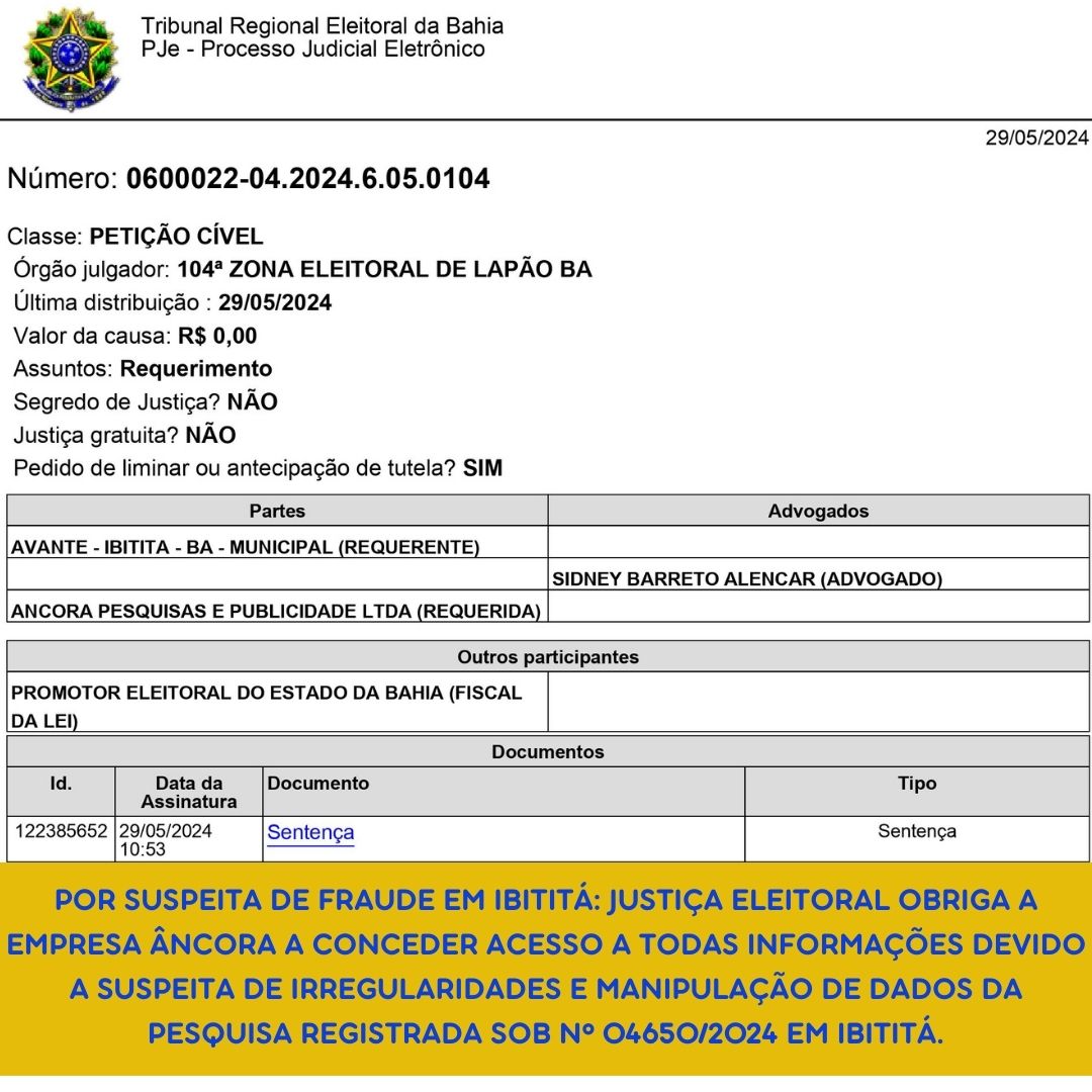 IBITITA: POR SUSPEITA DE FRAUDE EM IBITITÁ: JUSTIÇA ELEITORAL OBRIGA A EMPRESA ÂNCORA A CONCEDER ACESSO A TODAS INFORMAÇÕES DEVIDO A SUSPEITA DE IRREGULARIDADES E MANIPULAÇÃO DE DADOS DA PESQUISA REGISTRADA SOB N° 04650/2024 EM IBITITÁ.