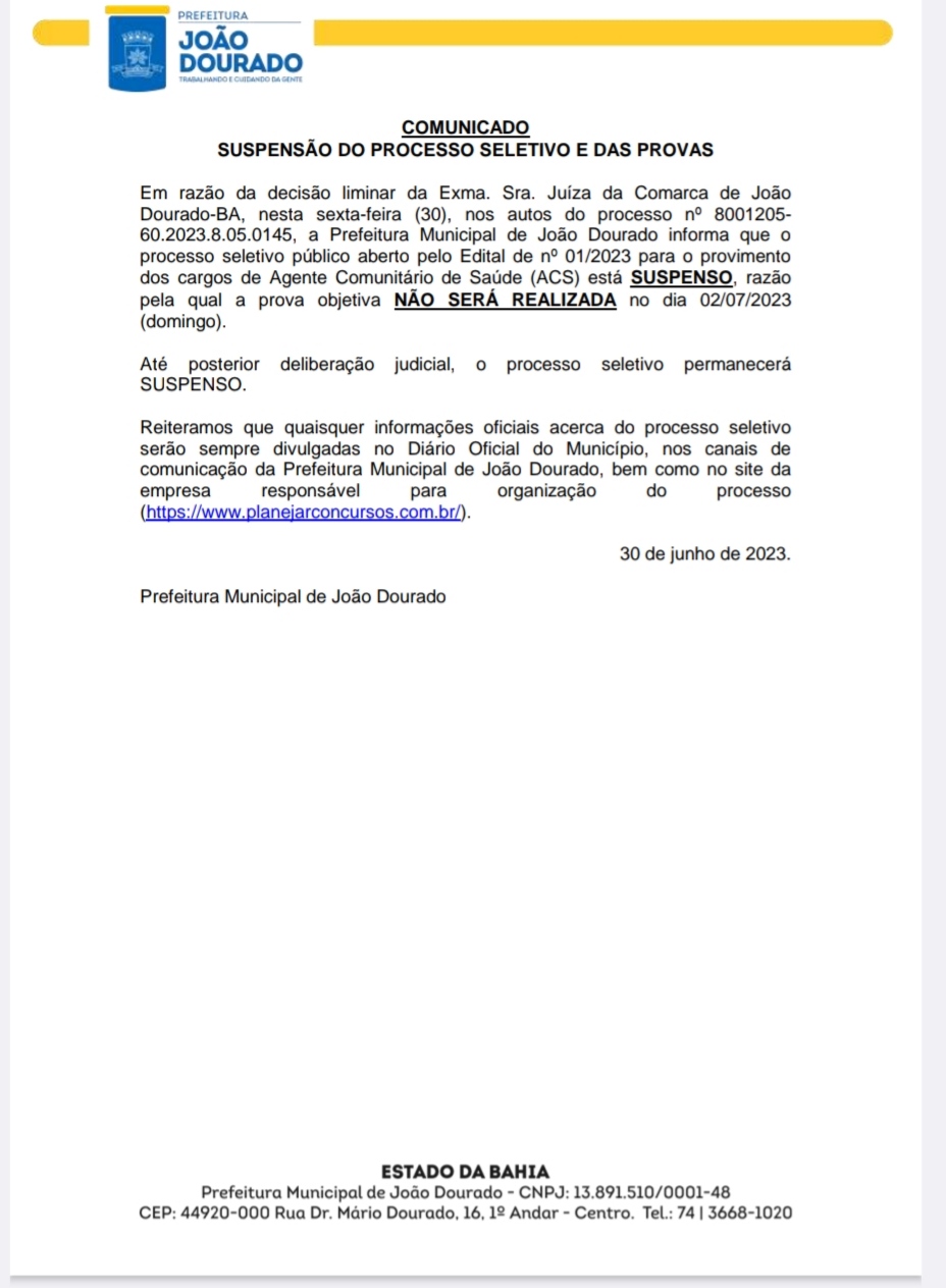 PREFEITURA DE JOÃO DOURADO DIVULGA COMUNICADO QUE SUSPENDE O PROCESSO SELETIVO E AS PROVAS PARA AGENTE COMUNITÁRIO DE SAÚDE*