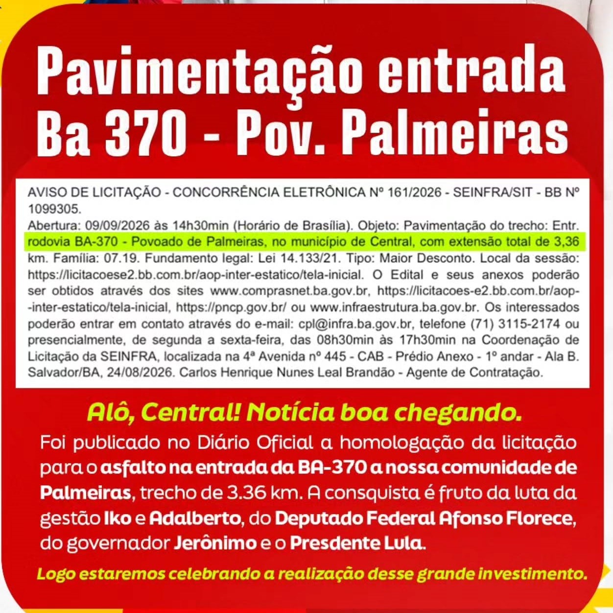 NOTICIAS DA POLITICA:É NOTÍCIA BOA PARA PALMEIRAS! O DESENVOLVIMENTO VAI CHEGAR PELO ASFALTO!