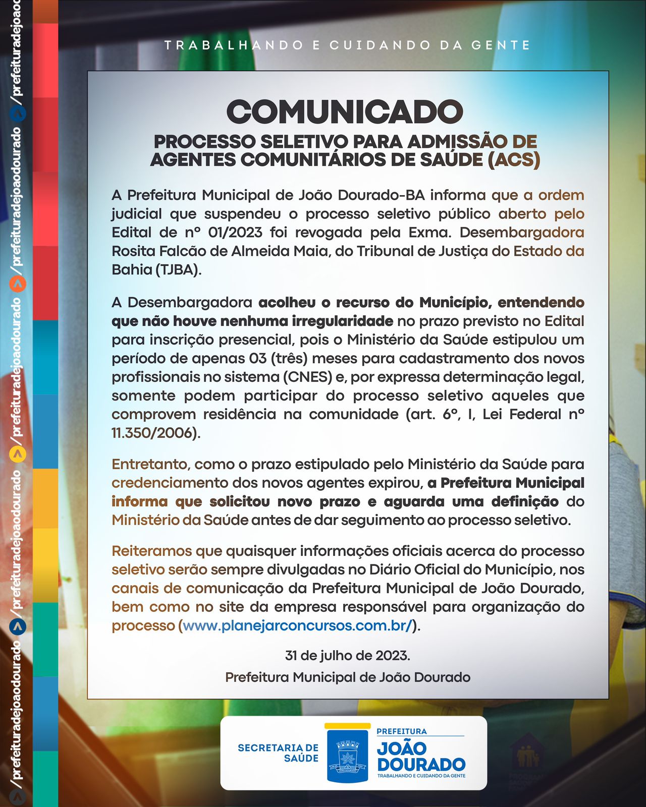 TJ-BA ANULA DECISÃO QUE SUSPENDIA O CONCURSO PARA AGENTES COMUNITÁRIOS DE SAÚDE EM JOÃO DOURADO*