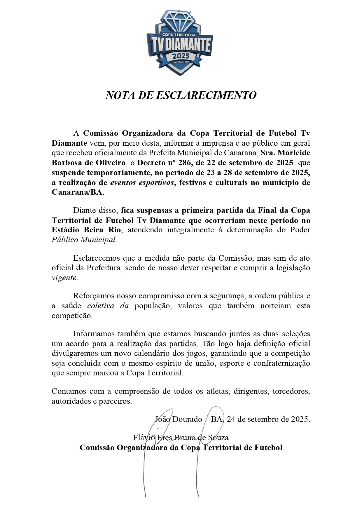 FUTEBOL:Primeira partida da final da Copa Territorial é suspensa por decreto da Prefeitura de Canarana